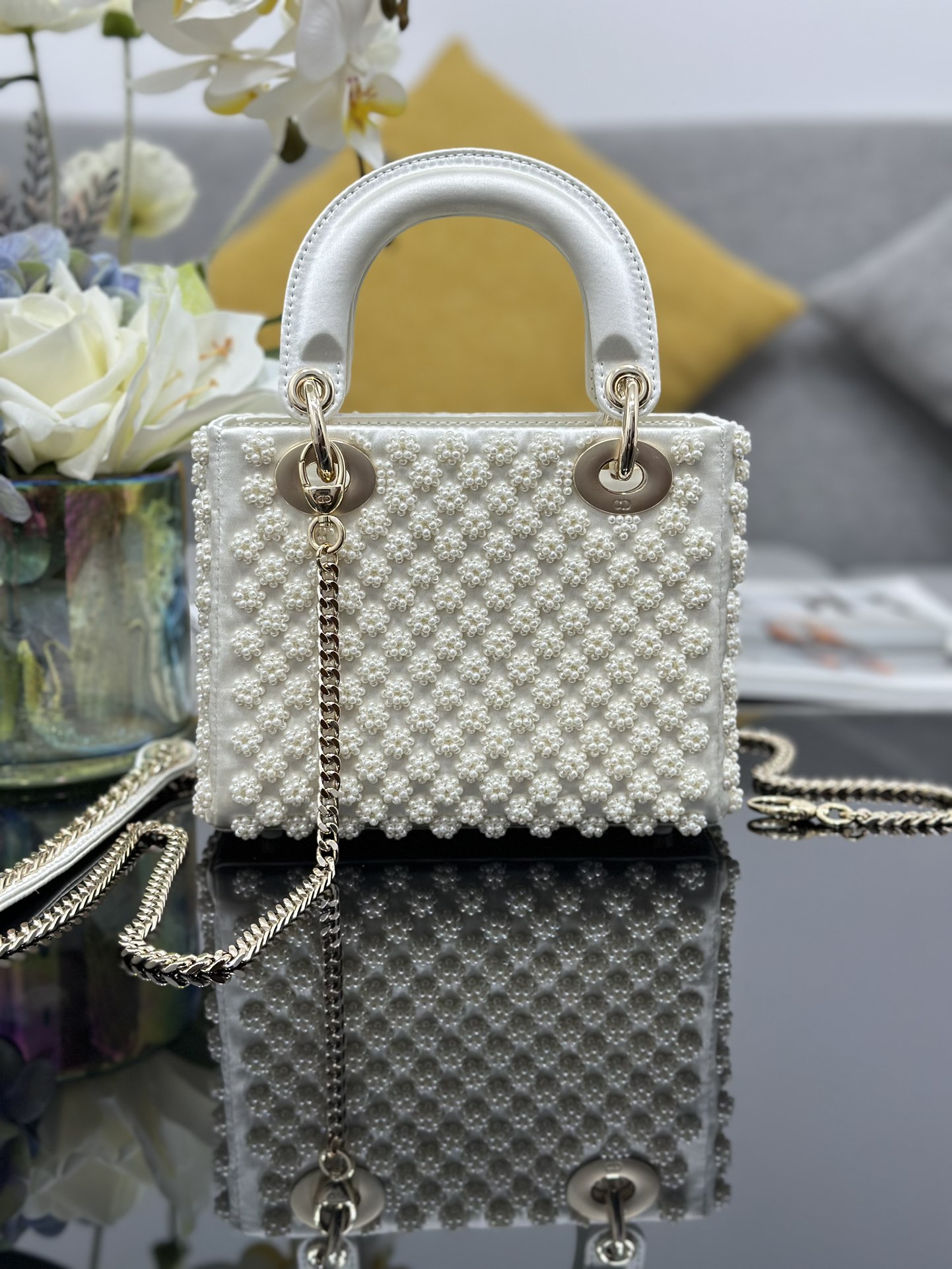 Mini Lady Dior Bag White Satin Embroidered with Pearl Flower